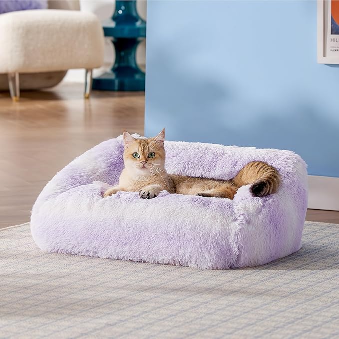 Lesure Cute Cat Couch Bed - Furry Indoor Cat Sofa Large, Washable Calming Small Dog Beds for Puppy with Fashion Design, 26x21x9inches, Purple Stripe