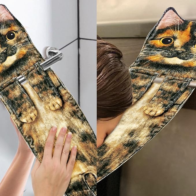 Funny Hand Towels for Bathroom Kitchen - Cute Decorative Cat Decor Hanging Washcloths Face Towels Super Absorbent Soft - Mothers Day Easter House Warming Birthday Gifts for Women Cat Lovers