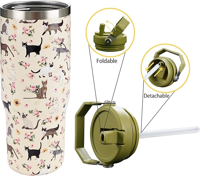 30oz Floral Cat Tumbler with Handle and Straw, Stainless Steel Vacuum Insulated Coffee Tumbler, Travel Mug Water Bottle, Cute Cat Stuff Gifts for Women
