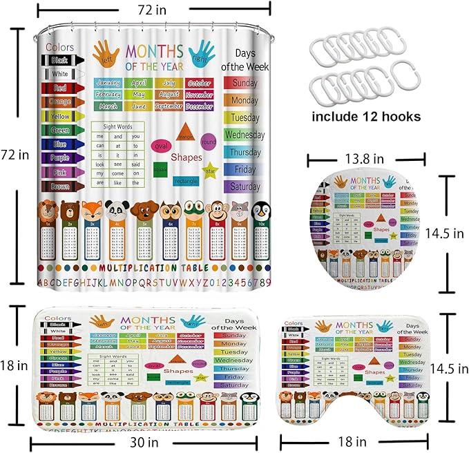4 Pcs Educational Kids Shower Curtain Set with Non-Slip Rugs, Months, Days, Shapes, and Multiplication Table for Learning – Fun Cartoon Animals Design, Bathroom Decor for Children 72Lx72in