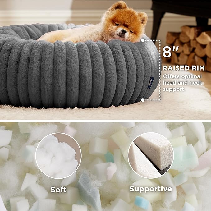 Bedsure Donut Small Dog Bed - Dog Beds for Small Dogs with Corduroy Fleece & Anti Slip Bottom, Round Faux Fur Pet Beds with Washable Removable Cover, Warm Grey, 23x23x8 inches