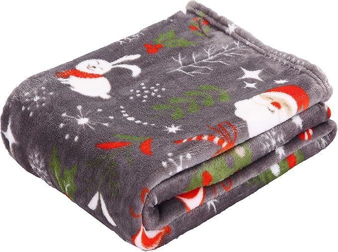 Elegant Comfort Velvet Touch Ultra Plush Christmas Holiday Printed Fleece Throw/Blanket-50 x 60inch, (Santa Snowman Gray)
