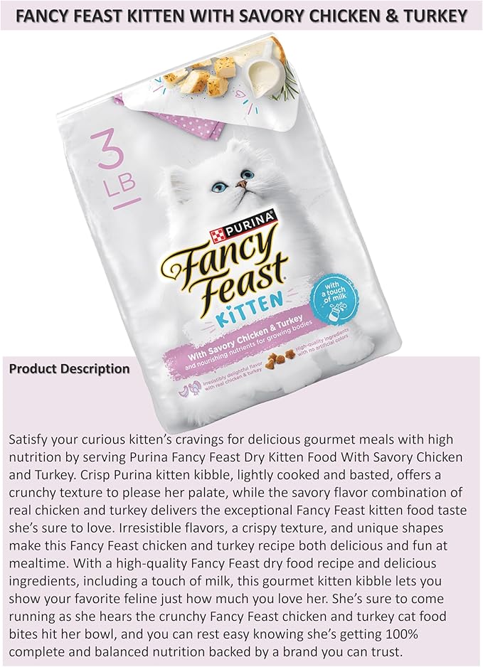 Kitten Bundle: 1 Bag (3 lbs) of Dry Kitten Food with Savory Chicken & Turkey, 1 cat Toy kit with 3 Mouse Toys, and 1 Booklet About pet Nutrition