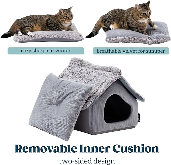 Cat Houses for Indoor Cats - Large Cat Cave Bed with Removable Support Foam and Washable 2-Side Mat - Covered Cat Bed for Cat Hideaway - Enclosed Cat Hideout for Kitten and Small Pet, Grey