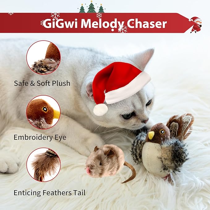 PETGEEK GiGwi Chirping Bird Cat Toys 2 Pcs - Melody Chaser Realistic Bird & Mouse Plush Toy - Hangable Design Best Gift for Birthday, Thanksgiving, Christmas, New Year (Bird Mouse Set)