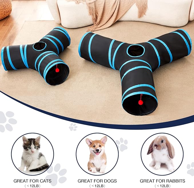 Tempcore Pet Cat Tunnel Tube Cat Toys 3 Way Collapsible, Cat Tunnels for Indoor Cats，Kitty Tunnel Bored Cat Pet Toys Peek Hole Toy Ball Cat, Puppy, Kitty, Kitten, Rabbit Blue Large Size