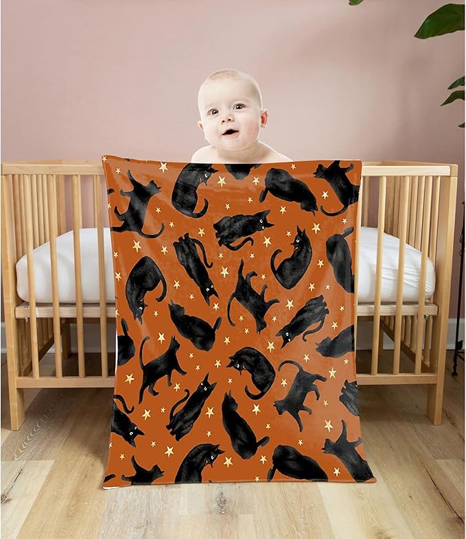 Cute Black Cats Blanket Gifts for Cat Lovers Girl, Halloween Throw Stars Plush Moon Blankets for Women Lightweight Flannel Fleece Christmas Bedding for Bed Couch Chair Gift for Adults 80x60In Twin
