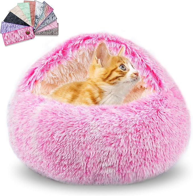 Calming Dog Beds & Cat Cave Bed with Hooded Cover,Washable Round Beds for Small Medium Pets,Anti-Slip Faux Fur Fluffy Coved Bed,Comfortable Warming Pet Bed (20 * 20inch,Pink)