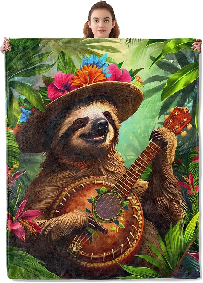 Music Sloth Blanket, Soft & Warm Flannel Throw Blanket - Cozy Lightweight Blankets for Travel, Sofa, Office, Bedroom for Adults Kids - Ideal for All Season 60"×50"