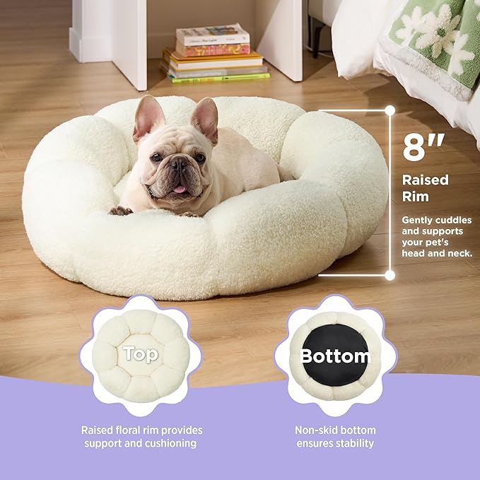 Lesure Calming Medium Dog Bed - Flower Donut Round Fluffy Puppy Bed in Plush Teddy Sherpa, Non-Slip Cute Flower Cat Beds for Indoor Cats, Medium Pet Bed Fits up to 45 lbs, Machine Washable, Cream 30"