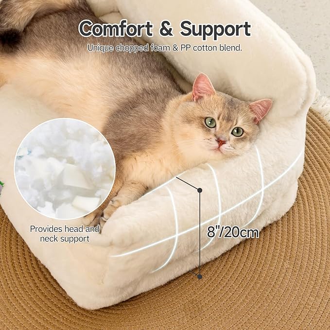 MEWOOFUN Cat Couch Bed for Indoor Cats, Fluffy Cat Sofa with Removable Washable Cover, Cute Cat Bed with Non-Slip Bottom, Pet Beds for Cats and Pups(White,S)