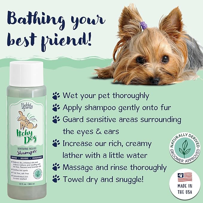Bobbi Panter Itchy Dog Shampoo for Soothing Skin Relief, Naturally Derived Ingredients, Tear-Free, Salt-Free, Paraben-Free, pH-Balanced, 20:1 Concentrated Formula, Green Apple Scent, 13 Oz.