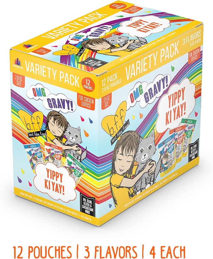 Weruva B.F.F. OMG - Best Feline Friend Oh My Gravy!, Yippy Ki Yay Yellows! Variety Pack, 2.8oz Pouch (Pack of 12)