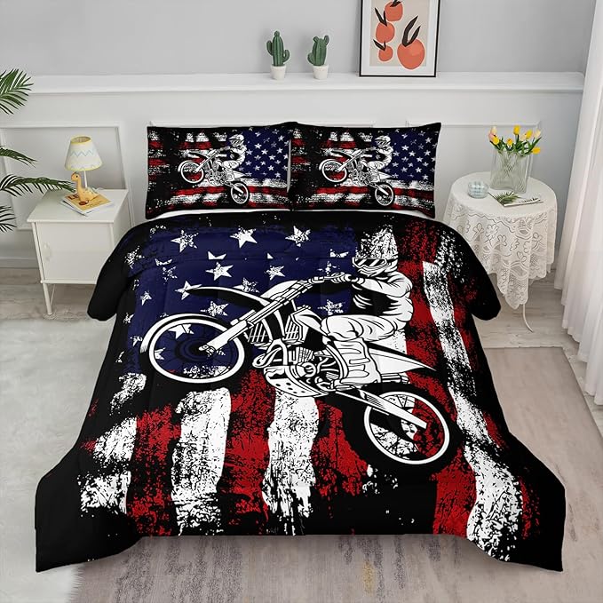 Axolotl Dirt Bike Comforter Set Twin,American Flag Bedding Set,Motocross Comforter Set,White Red Stripes Stars Comforter Set,Motorcycle Racer Comforter for Boys Kids Teens Men,1 Quilt 2 Pillowcases