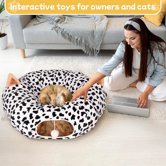 Cat Tunnel Bed for Indoor Cats - Extra Large Round Cat Tube Donut Circle Tunnels with Plush Ball Toy Circular Collapsible Fluffy Cave Cover for Kittens Kitty and Dog