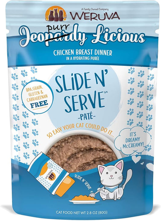 Weruva Slide N' Serve Paté Wet Cat Food, Jeopurrdy Licious Chicken Dinner, 2.8oz Pouch (Pack of 12)