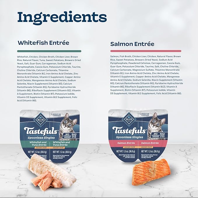 Blue Buffalo Tastefuls Spoonless Singles Variety Pack, Wet Cat Food Paté, 2.6-oz. Twin-Pack Trays, Whitefish/Tuna & Salmon Entreé (12 Count)