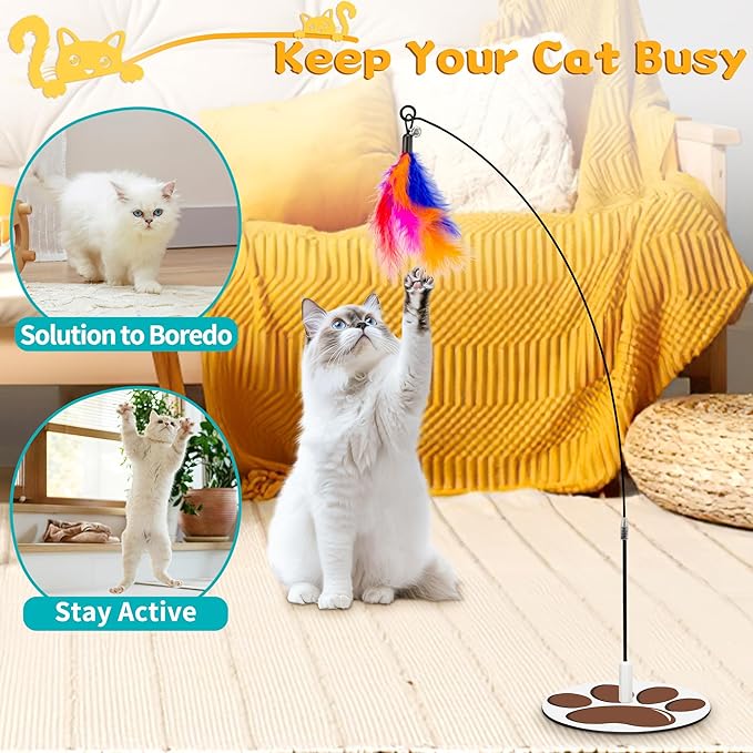 Interactive Cat Toy for Indoor,Metal Base Cat Toy,Cat Wand Toy Bird Simulation Toys Feather Toy 6 PCS Cat Toy Set