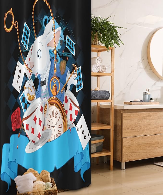 Ambesonne Alice in Wonderland Stall Shower Curtain, Rabbit Motion Cups Hearts and Flower Character Alice Cartoon Style, Fabric Bathroom Decor Set with Hooks, 36" W x 72" L, Dark Blue Charcoal Grey