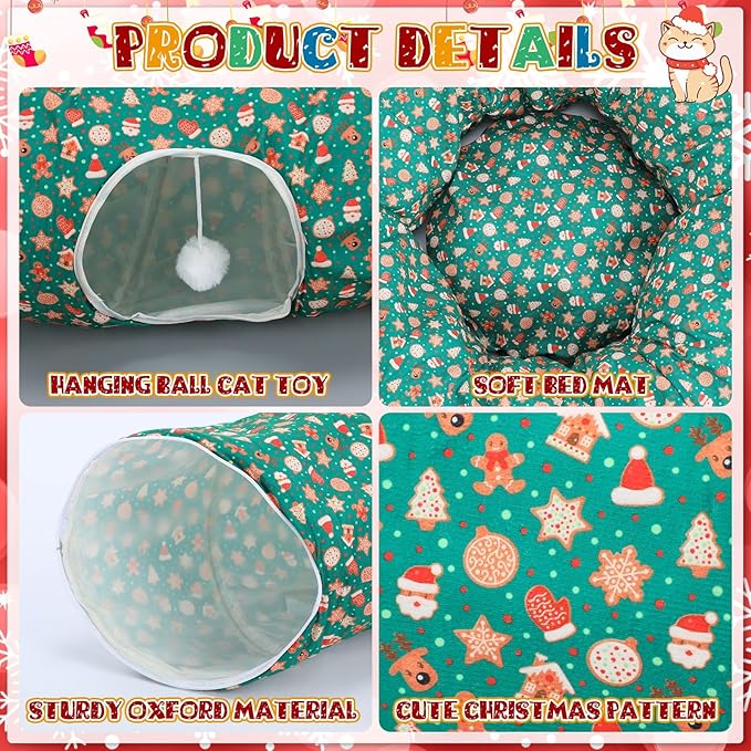 Cat Tunnel Bed Under Christmas Tree 3 ft x 3 ft x 10 Inch Cat Bed Tunnel with Hanging Ball Xmas Cat Donut Tunnel Round Cat Hideaway Holiday Circle Cat Cave Pets Gift(Green,Santa Claus)