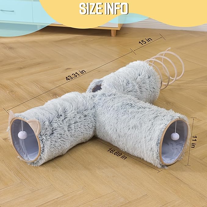 Cat Tunnels with Spring Toys for Bored Indoor Cats, Soft Plush 3 Way Cat Hideaway Tunnels with Cat Balls for Kitten, Rabbit, Ferret, Puppy, Grey