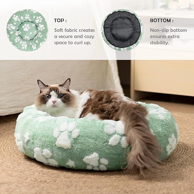 Donut Dog Beds for Small Dogs, Calming Round Cat Beds for Indoor Cats, Cute 3D Textured Paw Pet Bed with Removable Washable Cover and Anti-Slip Bottom（Green，20"）
