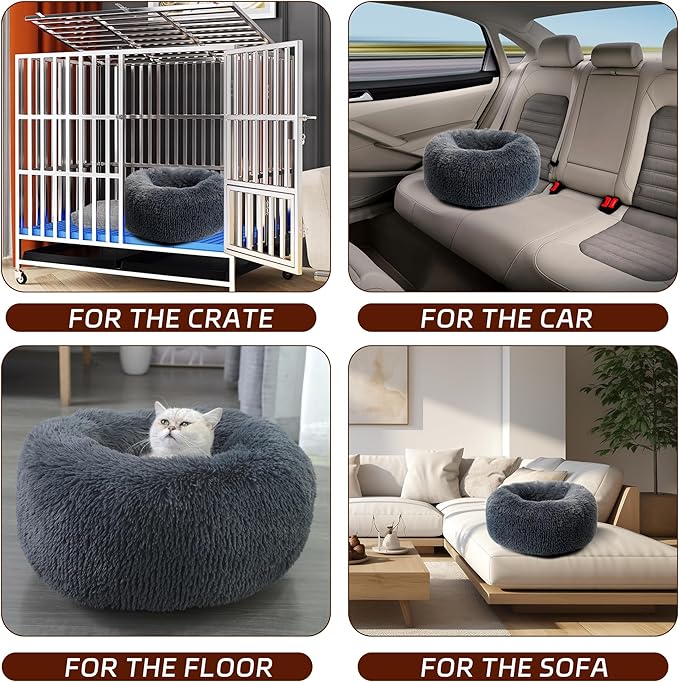 Calming Dog Bed for Cats and Small Dogs, Donut Washable Small Cat Bed for Indoor Cats and Dogs, Anti-Slip Round Fluffy Plush Faux Fur Pet Bed for Small Cats and Dogs (Dark Grey, 15.7")