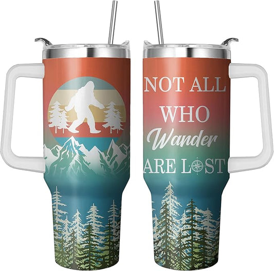 Bigfoots 40 Oz Tumbler with Handle and Straw, Double Wall Stainless Steel Wander Cup, Insulated Keeps Drinks Cold & Hot, Gifts for Bigfoots Lovers