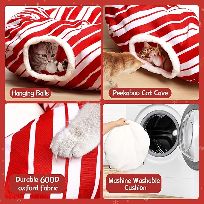 Cat Tunnel Bed Peekaboo Cat Cave Donut Under Christmas Tree Candy Cane Design Festive Decor Perfect for Small Medium Large Cats, Kittens, Rabbit, Ferret