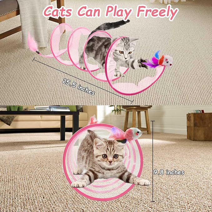 Cat Tunnel, 1PCS Folded Cat Tunnel Toy, Pink Mice Tube Cat Springs for Indoor with Feather, Mouse Toys Interactive Cat Toy Tunnel Self-Happy Cat Toys, S-Type Collapsible Tent