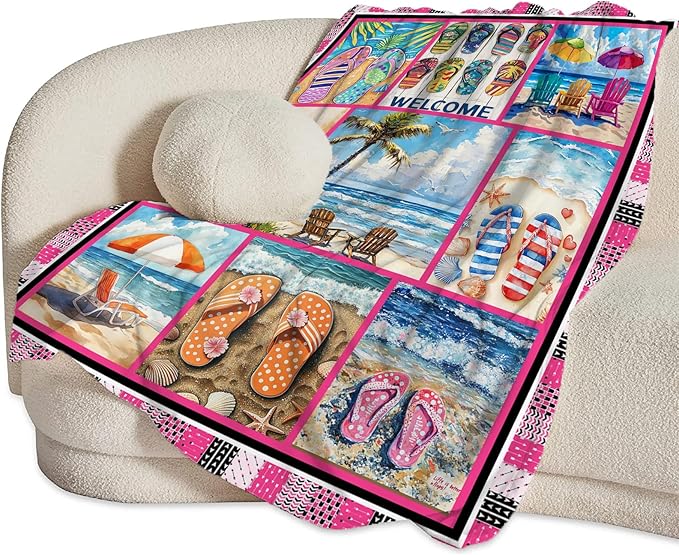 Coastal Blanket Ultra Soft Cozy Ocean Beach Palm Tree Throw Blanket Fleece Fuzzy Plush Bedding Blanket Beach Flip-Flops Decor Gifts for Women Girls Adults Couch Sofa 60"x50"