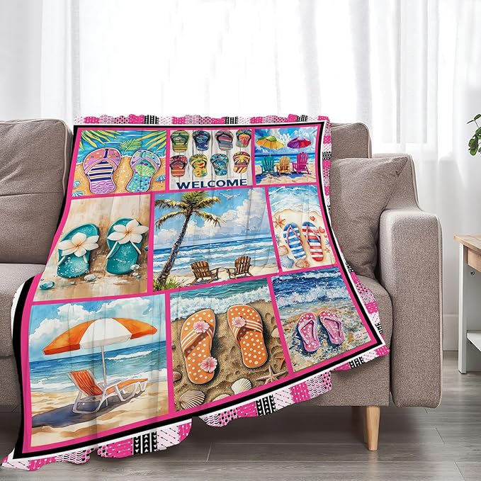 Coastal Blanket Ultra Soft Cozy Ocean Beach Palm Tree Throw Blanket Fleece Fuzzy Plush Bedding Blanket Beach Flip-Flops Decor Gifts for Women Girls Adults Couch Sofa 60"x50"