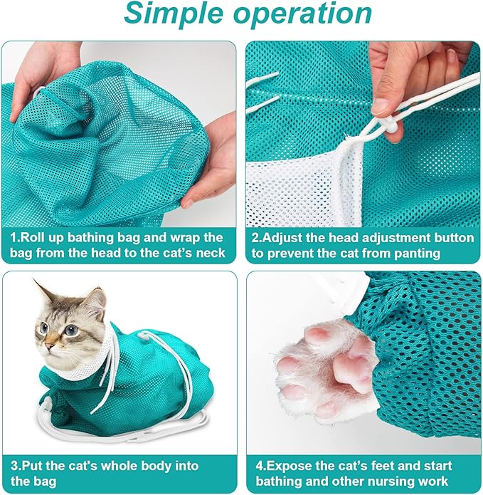 Cat Bathing Bag, Breathable Mesh Cat Shower Bag Anti Scratch Adjustable Cat Grooming Bag for Nail Trimming, Bathing Polyester Soft Cat Washing Bag (White-Green)