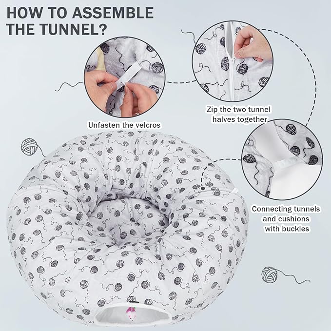 Ownpets Large Cat Tunnel Bed 12 inch Diameter for Large Cats Up to 35 Lbs, Cat Donut Tunnel Bed with Soft Mat, Soft Plush Cat Tube, Peekaboo Cat Cave, Gray