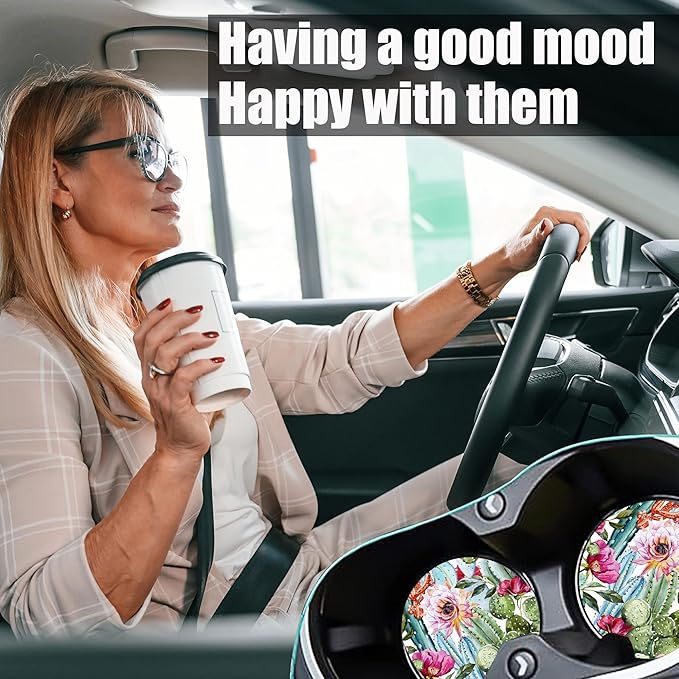 Cactus Pink Roses Flowers Car Coasters for Cup Holders, Car Accessories, 2 Pack Absorbent Ceramic Car Cup Holder Coasters for Drinks, for Women Men, Universal Non-Slip with Finger Notch