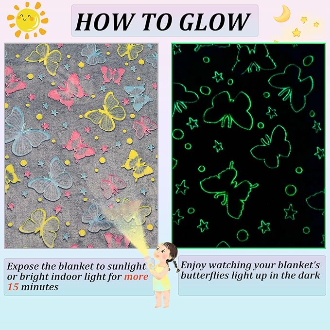 Glow in The Dark Girls Blanket, Butterfly Blanket Gifts Toys for 3-12 Year Old Toddler Teen Daughter Valentines Birthday Christmas Decor 50"x60"
