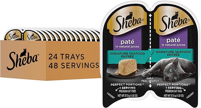 Sheba Perfect Portions Paté Adult Wet Cat Food Trays, Signature Seafood Entrée, Easy Peel Twin-Pack Trays (24 Count, 48 Servings)