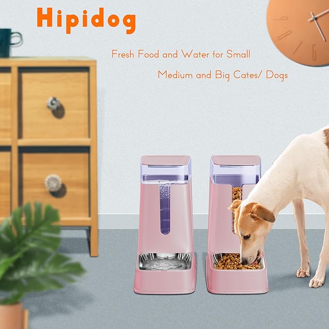Cat Food Dispenser and Cat Water Dispenser Set with Stainless Steel Bowls Gravity Dog Feeder for Small Medium Big Cat Dog Pet Puppy Kitten, 1 Gallon x 2