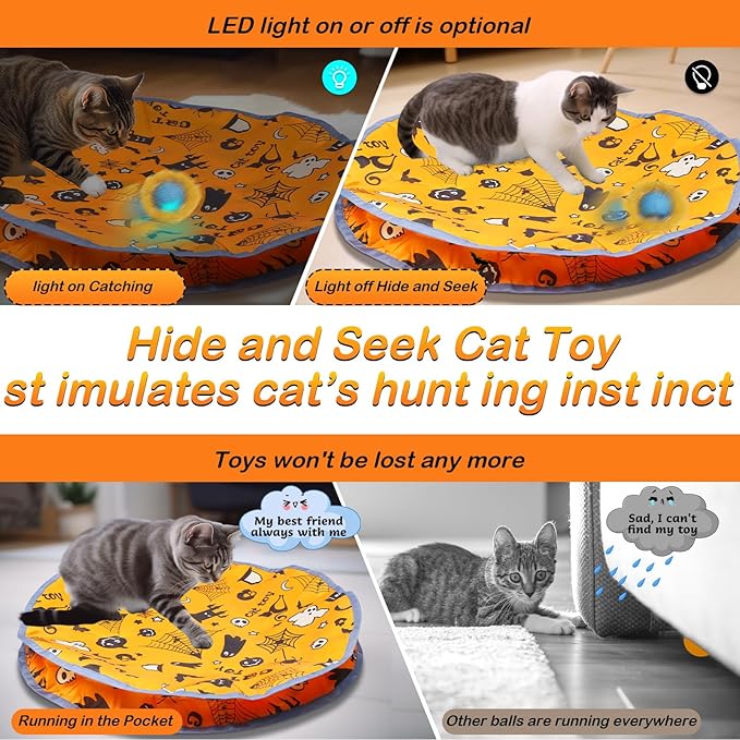 Interactive Cat Toys Ball Rolling in The Pouch, Chirping & Motion Activated Interactive Cat Ball Toy Begins Hide and Seek Game in Mat, Rechargeable Cat Exercise Toy