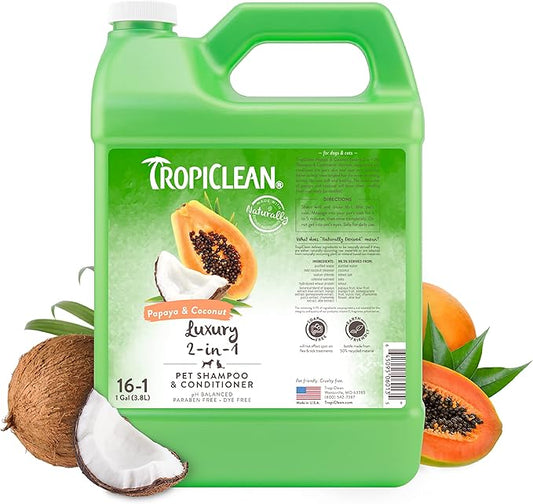 TropiClean 2-in-1 Cat & Dog Shampoo and Conditioner, Puppy & Kitten Safe, Moisturizing Detangler, Made in the USA, Papaya Scent, 1 gallon