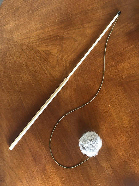 Natural Fur Pom Cat Wood Rod Teaser & Exerciser Wand for Cat & Kitten with Fluffy Fur Ball- Interactive Soft and Safe Feather-Like Real Fur Toy - Mouse Like Pelt Pom Assembled in The US