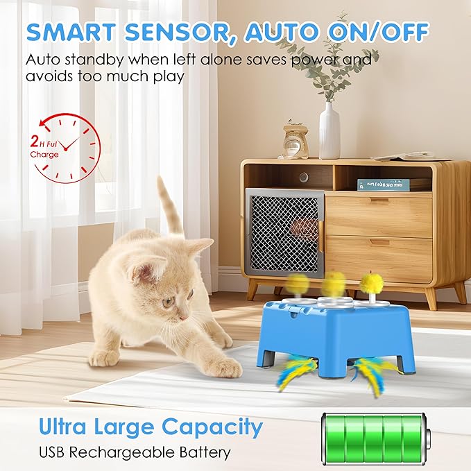 Cat Toys, 2 in1 Automatic Interactive Cat Toys for Indoor Cats, 4 Holes Mice Whack a Mole Cat Mouse Toy with Moving Feather, Rechargeable USB Power Kitten Feather Toys for All Breeds (Blue)