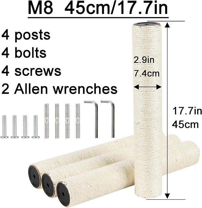 4 Pcs 2.9in 7.4cm Diameter Cat Tree Scratching Post Replacement Pole (M8, 17.7in/45cm)