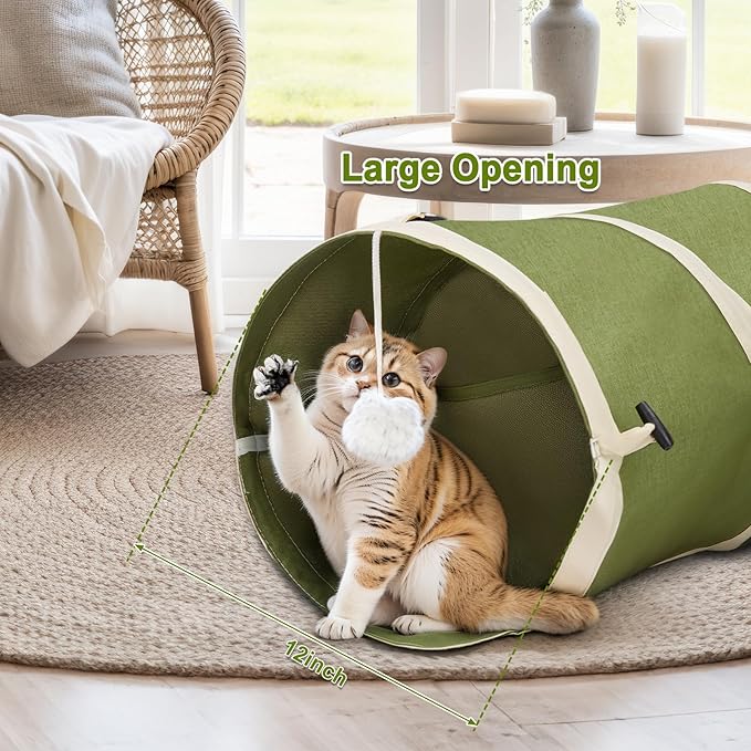 Ownpets Cat Tunnel Large 12 inch Diameter, Cactus-Shaped Cat Tunnel Toy, Sturdy Oxford Fabric Collapsible Cat Tunnels for Indoor Cats, Interactive Peek Hole Pet Tunnel Tube with Cat Wand Toy, Green