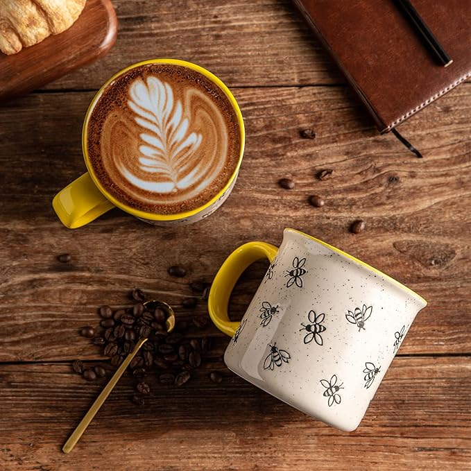 AmorArc 22 OZ Large Ceramic Coffee Mugs, Oversized Soup Cups With Big Handle for Men Women Dad Mom, Big Mug With Textured Bees Patterns for Office & Home -Microwave Safe, 2 Pcs