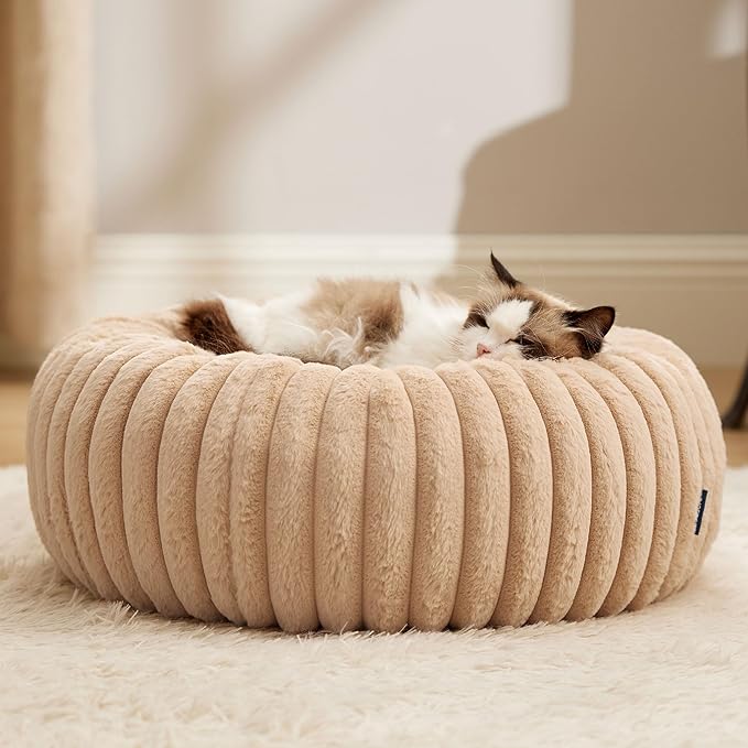 Bedsure Cat beds for Indoor Cats - Donut Dog Beds for Small Dogs with Corduroy Fleece & Anti Slip Bottom, Faux Fur Pet Beds with Washable Removable Cover, Sandy Tan, 20x20x6 inches