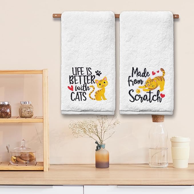 Cat Hand Towels for Bathroom - Set of 2, Embroidered Cat Lover Gifts, Soft Cotton 14x30 Inches