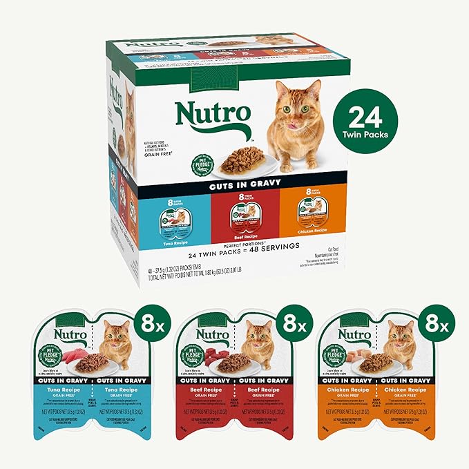 Nutro Wet Cat Food Cuts in Gravy MultiPack: Beef, Tuna, and Chicken Recipes; (24) 2.64 oz. Trays