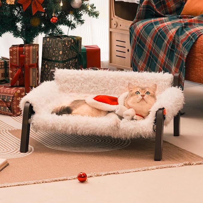MEWOOFUN Raised Cat Bed,Cat Sofa Elevated Cat Bed Small Dog Couch Cat Beds for Indoor Cats Kitten Bed with Non-Slip Bottom Pet Bed Indoor/Outdoor Up to 44 Lbs(Plush Beige)