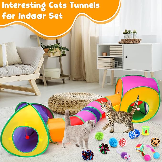 21 Pcs Cat Tunnels for Indoor Set, 3 In1 Collapsible Cat Tunnel Toy with Cube Tent Toys Combo and 20 Pcs Interactive Kitty Toys Cat Feather Toy Fluffy Mouse Crinkle Balls for Kitten Puppy